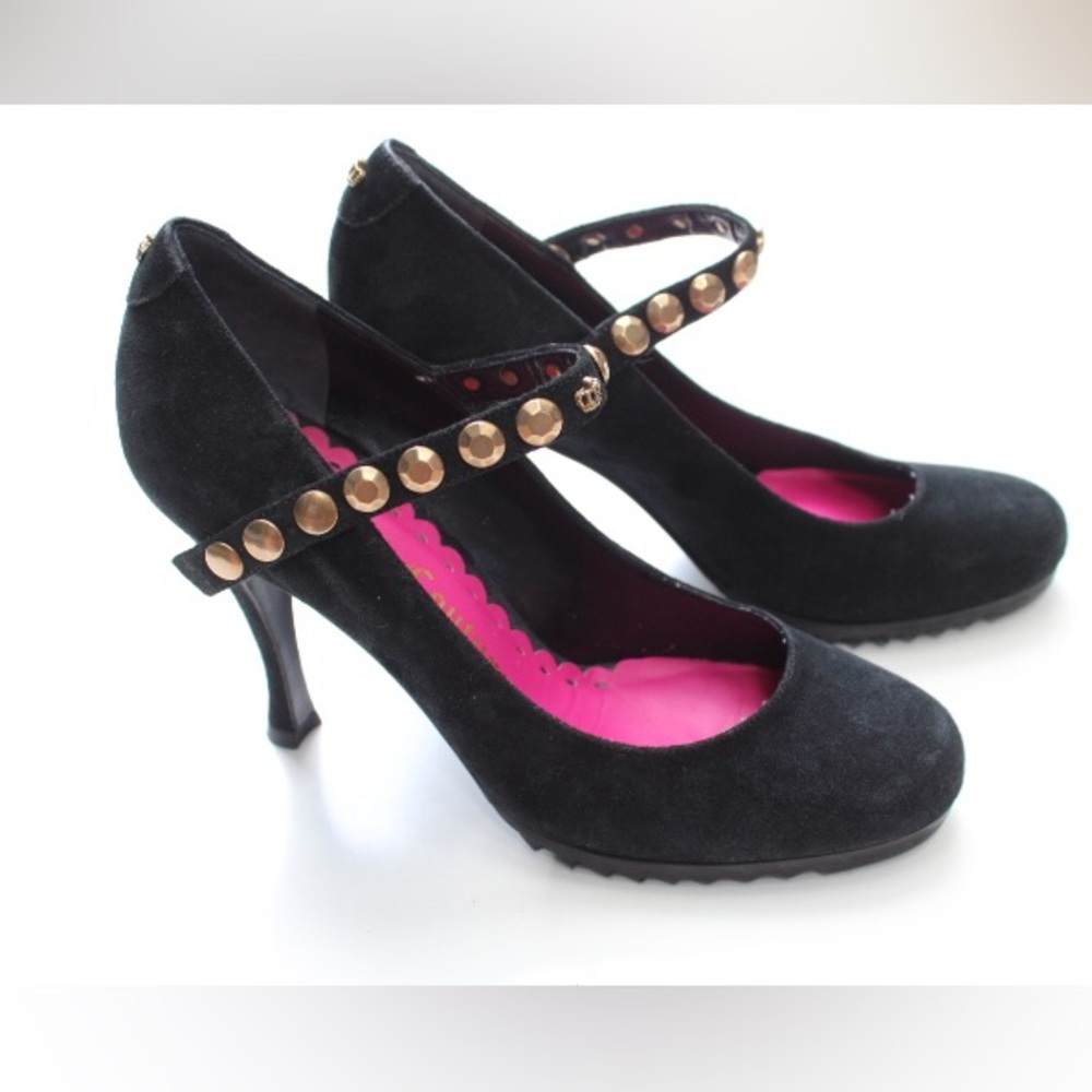 Juicy Couture Black Suede Mary Jane Heels with Gold Studs and Pink Lining